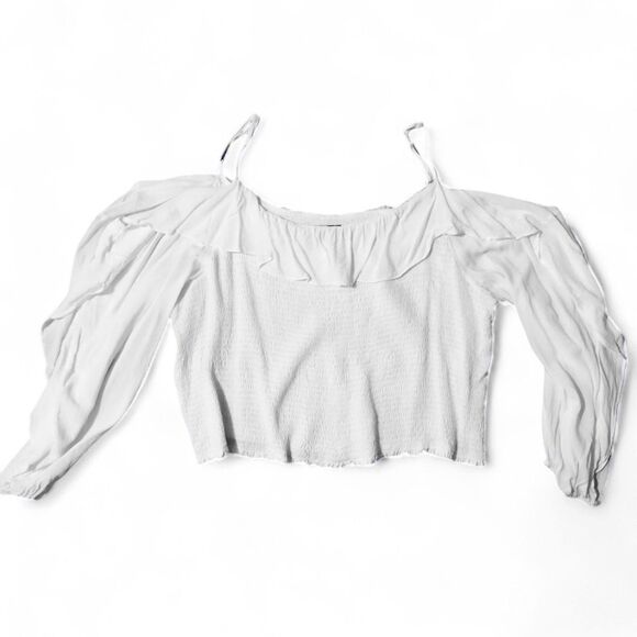 INC White Smocked Peasant Crop Top — Flowy Sleeves + Off-Shoulder 4X Stretch - Picture 1 of 5